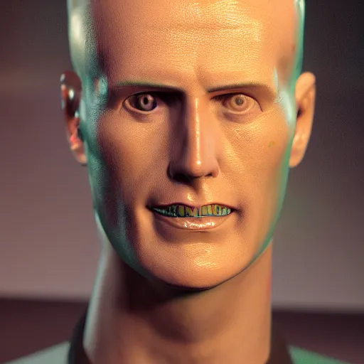 Image similar to a hyperrealistic 3 d render of max headroom on a vintage tv, octane render, unreal engine, 8 k, photorealistic, trending on artstation, ultra detailed, volumetric lighting, dramatic lighting, lasers, neon