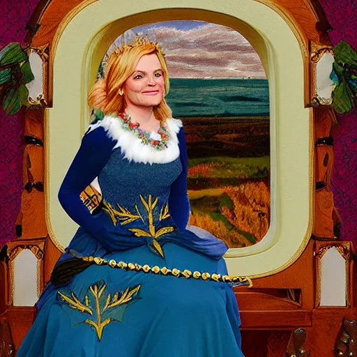 Image similar to leslie knope as a fantasy queen, preraphaelite painting