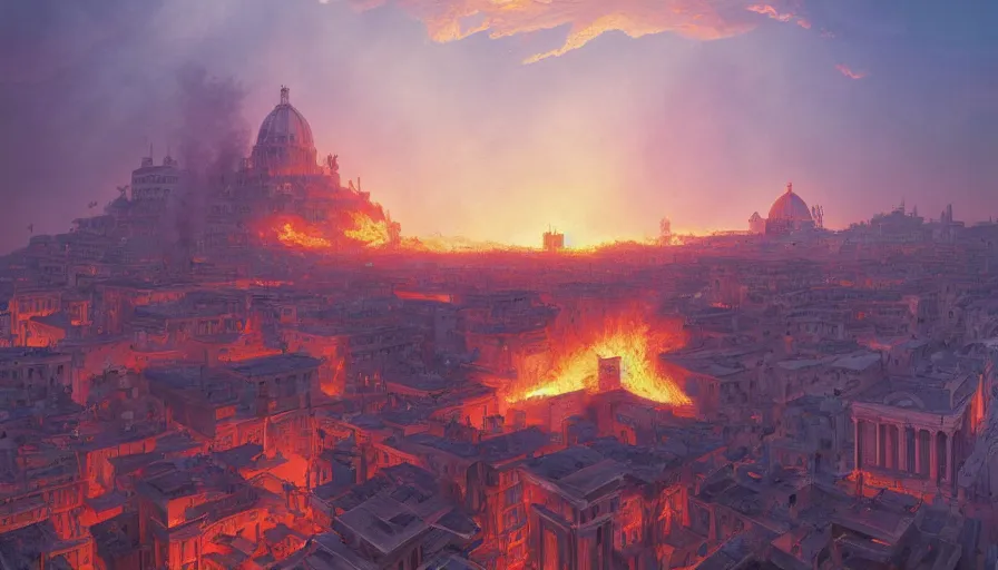 Prompt: A highly detailed matte painting of the Sack of Rome, fire and smoke, by Studio Ghibli, Makoto Shinkai, by Artgerm, by beeple, volumetric lighting, octane render, 4K resolution, trending on artstation, masterpiece