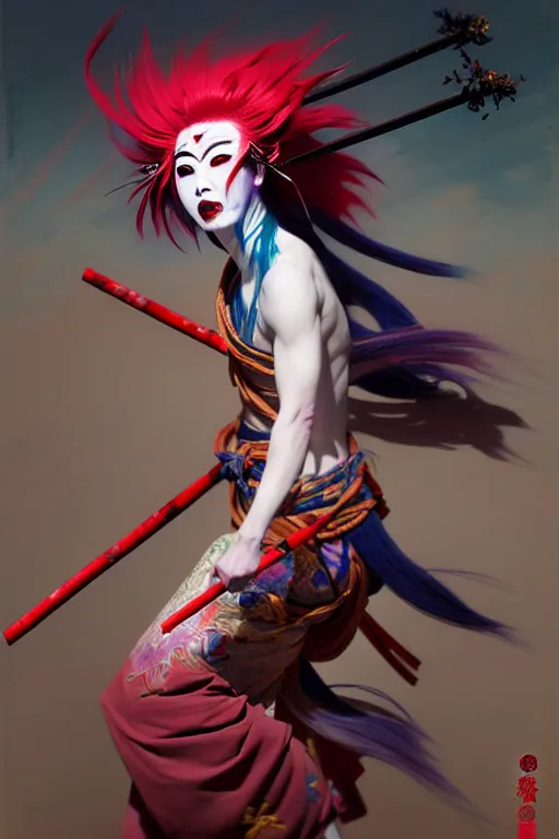 Image similar to an insane kabuki warrior wielding a spear while emitting a visible aura of madness, intricate hakama, red wig, crossed eyes, hazy atmosphere, high energy, in the style of fenghua zhong and ruan jia and jeremy lipking and peter mohrbacher, mystical colors, rim light,