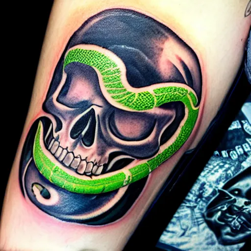 Image similar to dark tattoo, snake wrapping its body around skull, toxic acid green dark colors