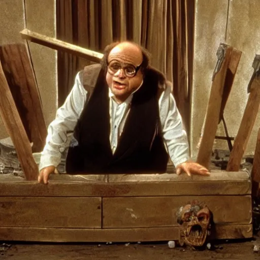 Image similar to Danny Devito opens the ark of the covenant