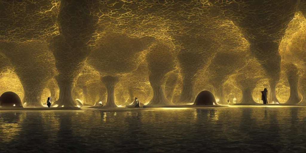 Image similar to Photorealistic exterior of a minimalist design mosque in giant glowing mushroom underworld dark cave, with domes and arches, people and androids wearing traditional japanese clothing. photorealism, UHD, amazing depth, glowing, golden ratio, 3D octane cycle unreal engine 5, volumetric lighting, cinematic lighting, cgstation artstation concept art