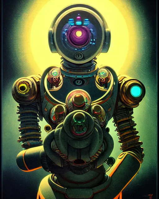 Image similar to zenyatta from overwatch, nine robot eyes, character portrait, portrait, close up, concept art, intricate details, highly detailed, vintage sci - fi poster, retro future, in the style of chris foss, rodger dean, moebius, michael whelan, and gustave dore