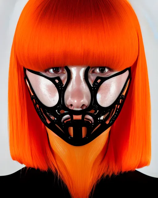 Image similar to symmetrical close - up portrait of a woman wearing a translucent silicone beauty mask and orange hair, wearing a black bodysuit by alexander mcqueen, black background, soft diffused light, biotechnology, humanoide robot, bjork aesthetic, translucent, by rineke dijkstra, intricate details, highly detailed, masterpiece,