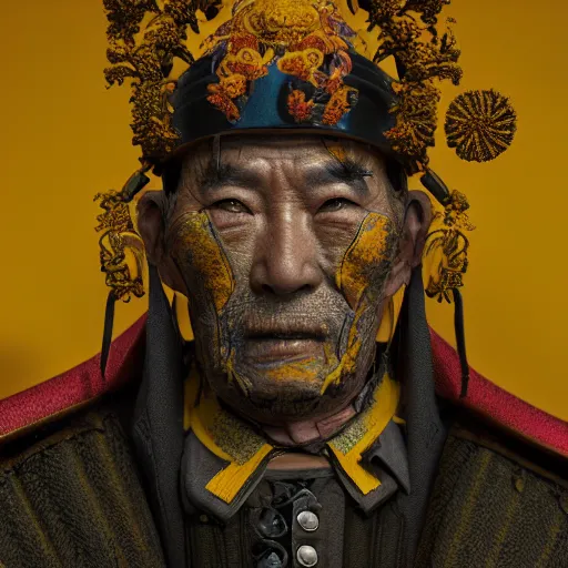 Prompt: old samurai, with vibrant yellow, colors, surreal, a french baroque by alexander mcqueen, hyper detailed, very detailed, photograph, cinematic lighting, photorealistic, octane render, no red background, big red sun in background