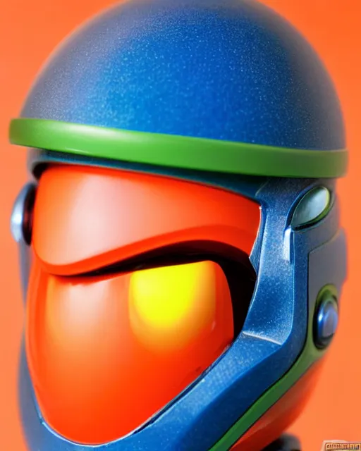 Image similar to helmet portrait of a figurine of samus aran's varia power suit from the sci - fi nintendo videogame metroid. designed by hiroji kiyotake, gene kohler and rodney brunet. metroid zero mission. metroid prime. glossy. red round helmet, orange shoulder pads, green visor. shallow depth of field. suit of armor.