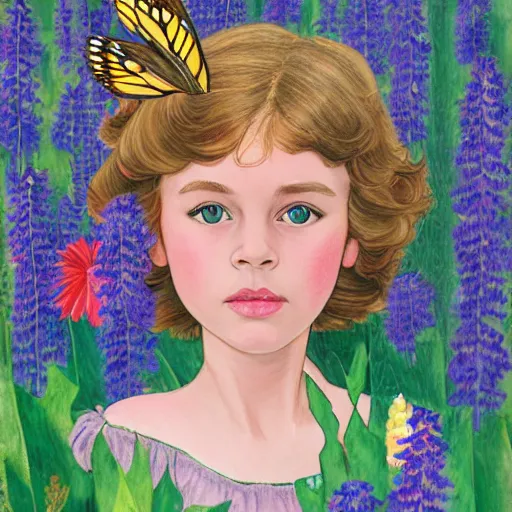 Prompt: A beautiful collage of a young girl surrounded by a field of wildflowers. She has a butterfly on her shoulder and a mischievous look on her face. flat color by Ralph Horsley, by Henri Matisse serene