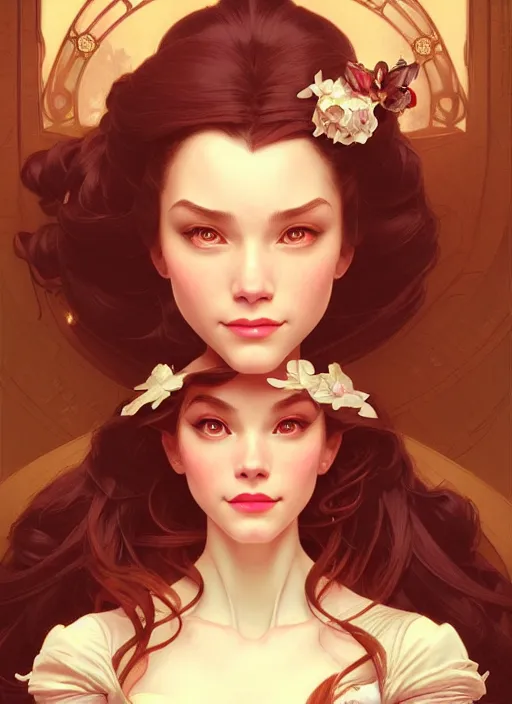 Image similar to portrait of disney belle, intricate, elegant, highly detailed, my rendition, digital painting, artstation, concept art, smooth, sharp focus, illustration, art by artgerm and greg rutkowski and alphonse mucha and uang guangjian and gil elvgren and sachin teng, symmetry!!