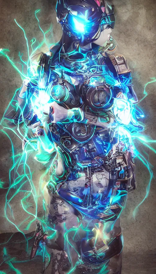 Image similar to render beautiful 3 d anime woman with short silver hair, blue eye and green eye, tank top and shorts with mechanical boots, glowing tribal tattoos, short smile, cinematic lightning, highly detailed, trending on artstation, 4 k, blender, cinematic color grading