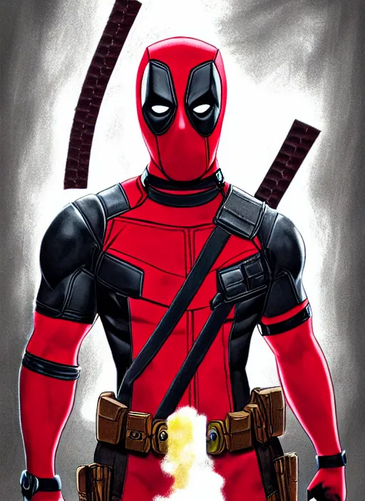 Prompt: deadpool, illustration, sharp focus, highly detailed, vertical portrait, manga, concept art, smooth, dramatic lighting, facing forward, face in focus, in the style of Hirohiko Araki