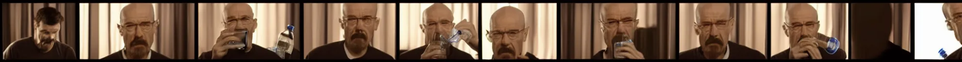 Prompt: 8 consistent progressing frames from a video showing walter white drinking from a water bottle