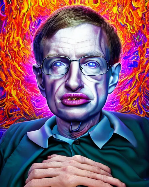 Image similar to portrait ultra dimensional stephen hawking, accidentally tripping on dmt and acid, psychedelic experience, overwhelming psychosis of self realization and burning awakening, ultra high definition, unreal engine 5, hyperrealism, masterpiece composition, by casey weldon, barclay shaw 8 k photorealistic