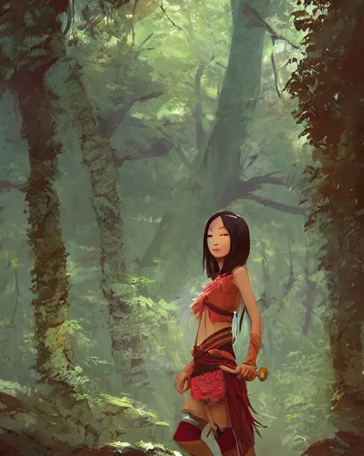 Image similar to an asian tribeswoman standing in the woods. By Makoto Shinkai, Stanley Artgerm Lau, WLOP, Rossdraws, James Jean, Andrei Riabovitchev, Marc Simonetti, krenz cushart, Sakimichan, D&D trending on ArtStation, digital art.