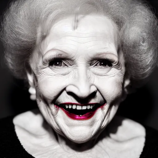 Image similar to symmetrical, close up face portrait of vampire betty white, evil grin, studio lighting, depth of field, photography, black and white, highly detailed