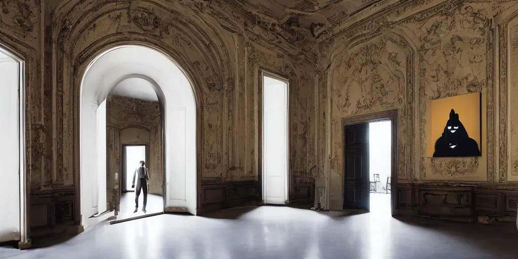 Image similar to Batman standing in giant Italian modern castle living room, clean minimalist design, that is 1300 feet tall, with very tall giant walls filled with modern art paintings, doors that are cosmic portals, photo by Annie Leibovitz