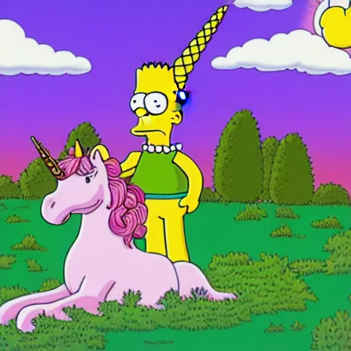 Prompt: unicorn in the bush, simpsons style