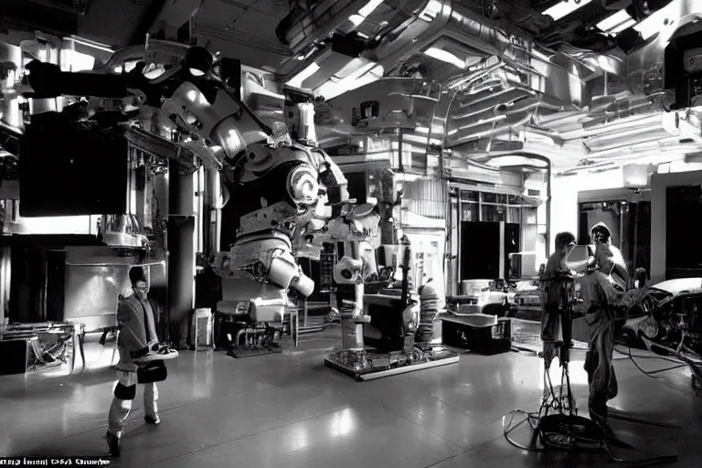 Image similar to a futuristic film studio with robot technicians preparing a scene by Stanley kubrick, sci-fi, reimagined by industrial light and magic