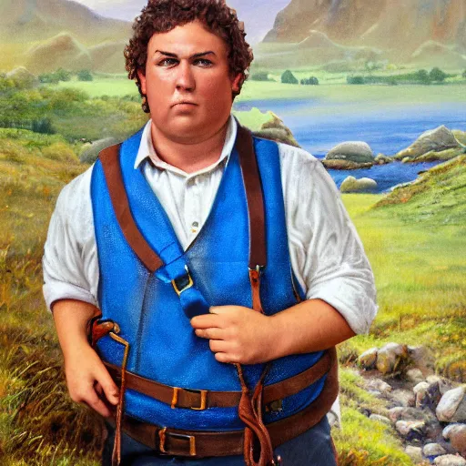 Prompt: close up headshot of a frowning clean shaven pudgy British lad with short curly dark brown hair as a hobbit wearing a white men's crossbody sling chest bag and blue vest, blue vest!! white crossbody chestbag!! high resolution film still, painting by Ed Binkley