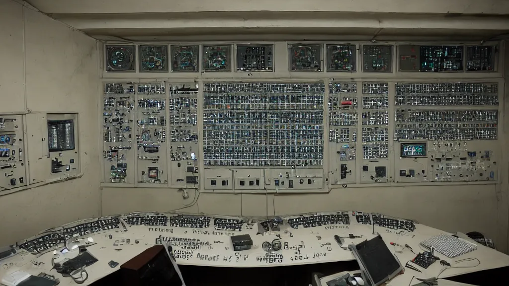 Prompt: global thermonuclear war control panel in a bunker