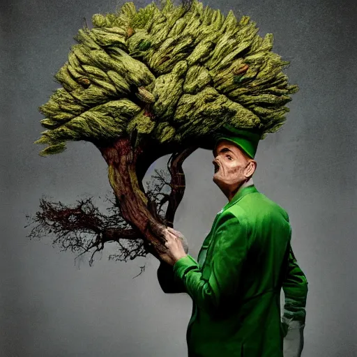 Image similar to a man in a green jacket with a tree on top of his head, a surrealist sculpture by kim keever, behance, pop surrealism, surrealist, dystopian art, whimsical