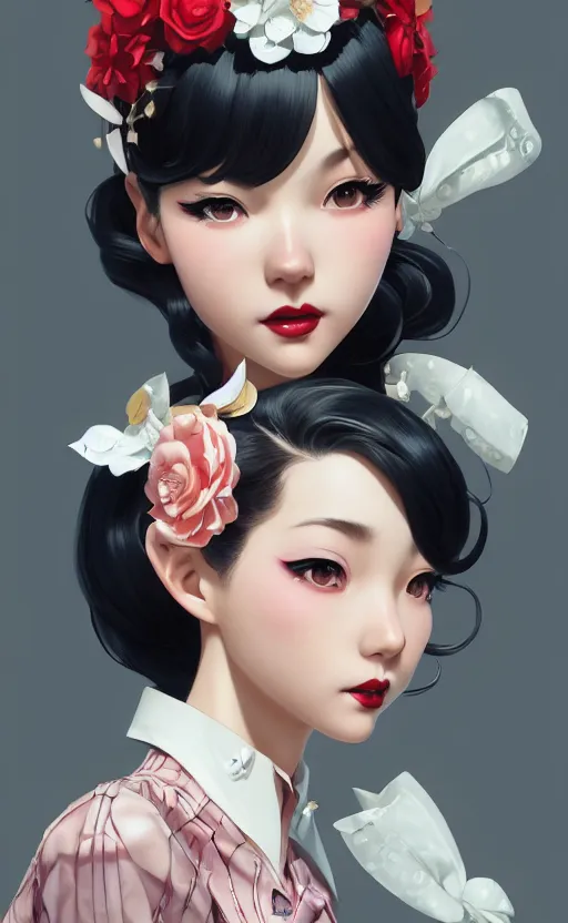 Image similar to a pin up and beautiful fashion and charming and dreamlke japan girl with lv jewelry, character art, art by artgerm lau and kyoung hwan kim and and ilya kuvshinov and john singer sargent, hyperdetailed, 8 k realistic, symmetrical, frostbite 3 engine, cryengine, dof, trending on artstation, digital art