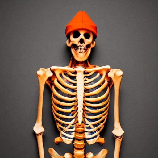 Image similar to a skeleton. his hands looks like traffic - cones. full body photography.