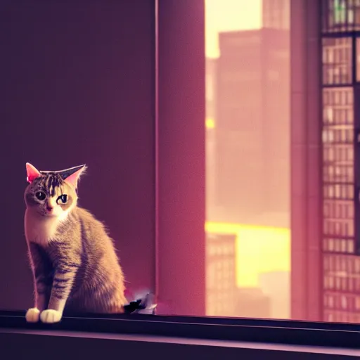 Image similar to A cat sitting on a window watching the view of a cyberpunk city, 24mm, 8k, octane render, beautiful, peaceful, cyberpunk, moody, raining, rain, super detailed, dof, volumetric lighting, rtx, raytracing