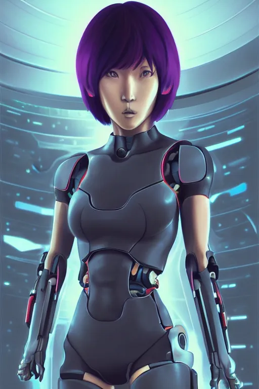 Prompt: color digital pen lineart sketch of athletic semi - biomechanical motoko kusanagi plugged into a supercomputer, by gnomon, by ilya kuvshinov, trending on pixiv fanbox, by weta digital, octane render