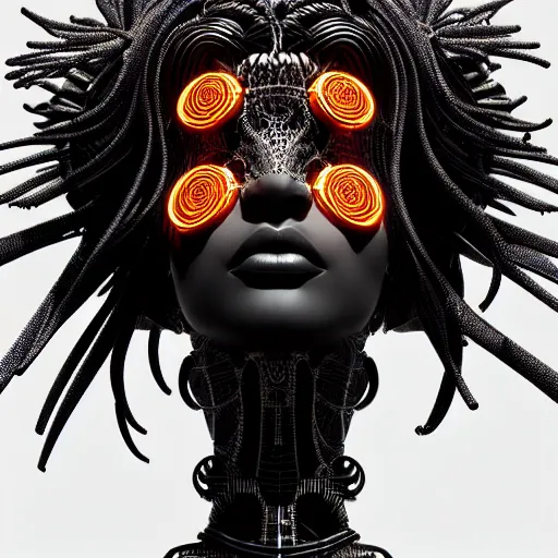 Image similar to portrait of an absurdly beautiful, graceful, sophisticated, fashionable black cyberpunk mechanoid gravure idol, hyperdetailed illustration by irakli nadar, adut akech, matt wisniewski style, intricate linework, dark black skin, lion's mane jellyfish headdress, unreal engine 5 highly rendered, global illumination, orange light, detailed and intricate environment