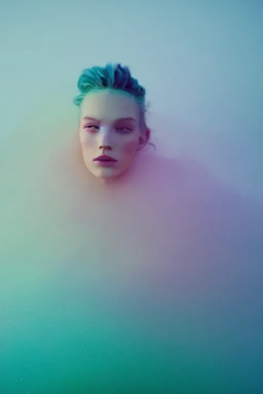 Image similar to high quality pastel coloured film close up wide angle photograph of a model wearing clothing swimming on cloud furniture in a icelandic black rock!! environment in a partially haze filled dreamstate world. three point light, rainbow. photographic production. art directed. pastel colours. volumetric clouds. pastel gradient overlay. waves glitch artefacts. extreme facial clarity. 8 k. filmic.