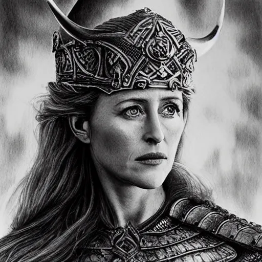 Image similar to hyper realistic pencil drawing of Gillian Anderson as a viking princess, intricate detail, beautiful, battle armor, war, fight, light, dragon, colorful