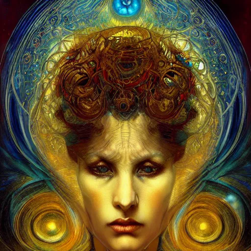 Image similar to Divine Chaos Engine by Karol Bak, Jean Deville, Gustav Klimt, and Vincent Van Gogh, beautiful visionary mystical portrait, sacred, otherworldly, fractal structures, ornate gilded medieval icon, third eye, spirals