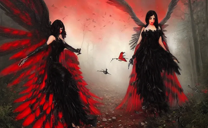 Image similar to Female dark angel in gothic red and black dress, their black wings are extended. She is in the bioluminescent forest. Horror scene, highly detailded. By Konstantin Razumov