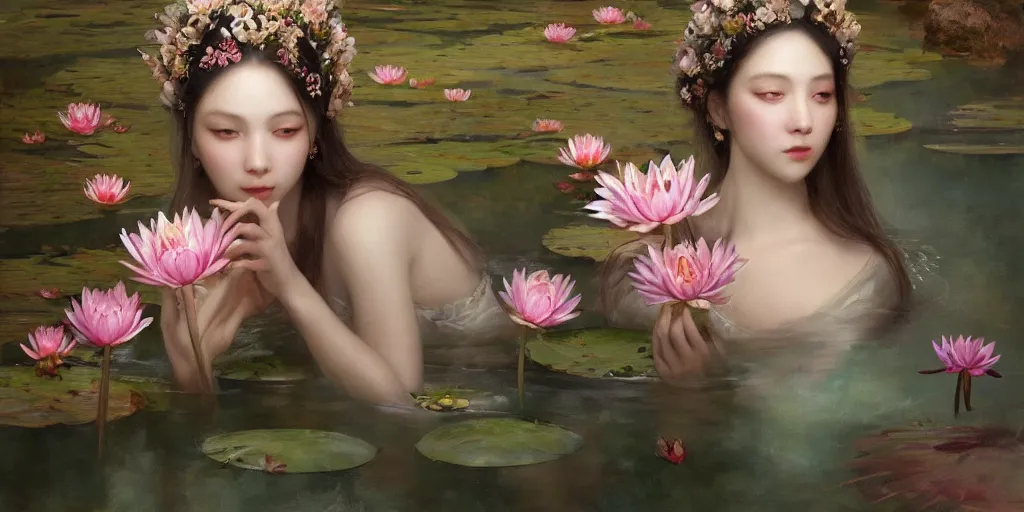 Prompt: breathtaking detailed concept art painting of the goddess of water lily flowers, orthodox saint, with anxious, piercing eyes, ornate background, amalgamation of leaves and flowers, by volegov and Hsiao-Ron Cheng, extremely moody lighting, 8K