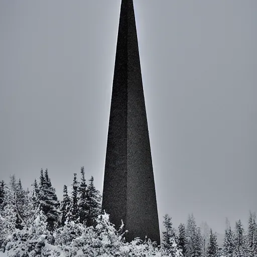 Prompt: a monolithic obelisk towering over a mountain in a taiga. overcast sky, grainy, snowing.