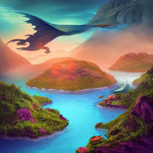 Image similar to islands floating in the sky with waterfalls and dragons, digital art, aesthetic, astonishing detail