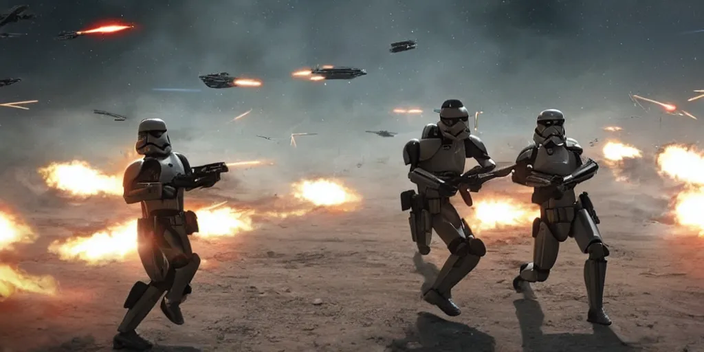 Image similar to Spock shooting into the star wars troopers. Wookie running away, from Stargate. Battle star Galactica robots in the background. high details, cinematic. ultra realistic