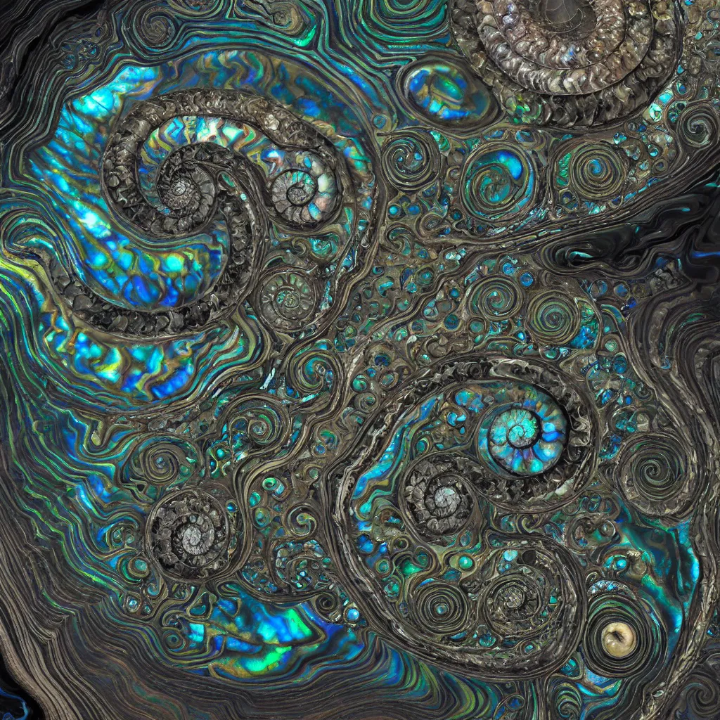 Prompt: art nouveau cresting oil slick waves, ammonite, paua shell, ammolite, black opals, rococo, organic rippling spirals, realistic hyperdetailed ultrasharp octane render, oil slick bubbles