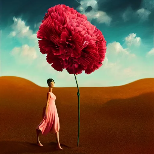 Image similar to giant carnation flower head girl, suit, desert, surreal photography, sunrise, dramatic light, impressionist painting, digital painting, artstation, simon stalenhag