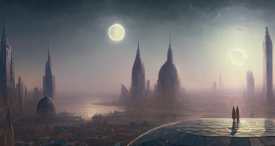 Image similar to cinematic shot, city on the moon, geodesic domes, digital painting, artstation, concept art, soft light, hdri, smooth, sharp focus, illustration, intricate, elegant, highly detailed, in the style of greg rutkowski and alphonse mucha and artemisia, 8 k, highly detailed, jurgens, rutkowski