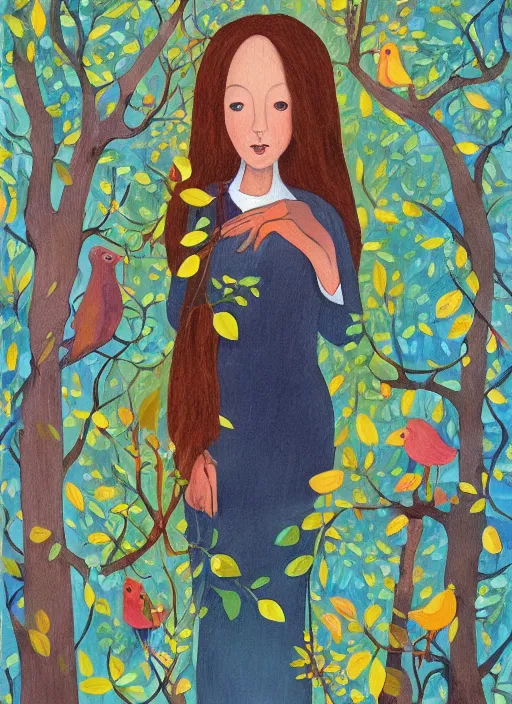 Image similar to a wonderful childrens illustration book portrait painting of a woman, art by tracie grimwood, trees, many leaves, birds, whimsical, aesthetically pleasing and harmonious natural colors