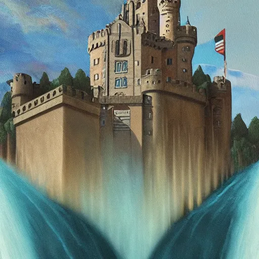Prompt: a painting of a castle with a waterfall in front of it. digital painting, vertical, intricate, beautiful, detailed, grunge, sharp focus, abstract art by el lissitzky and artgerm and kandinsky, trending on artstation. gradient darker to bottom