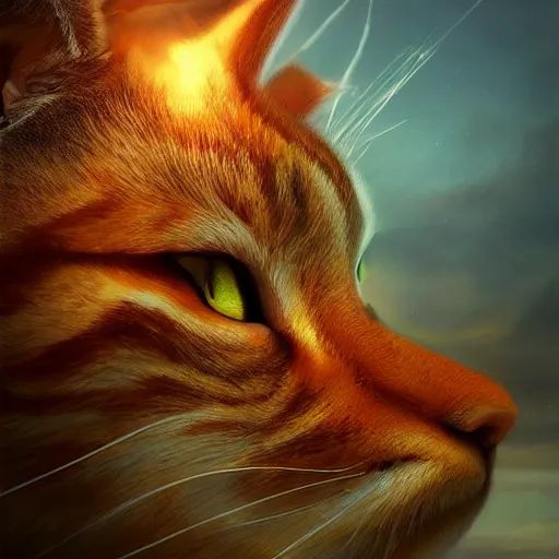 Image similar to colossal orange viking royal king tabby cat, golden hour, fantasy, vivid colors, sharp focus, digital art, hyper - realistic, 4 k, unreal engine, highly detailed, hd, dramatic lighting by brom, trending on artstation