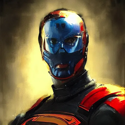 Image similar to portrait of superhero by greg rutkowski, michael biehn wearing a blue and red kevlar gear, highly detailed portrait, digital painting, artstation, concept art, smooth, sharp foccus ilustration, artstation hq