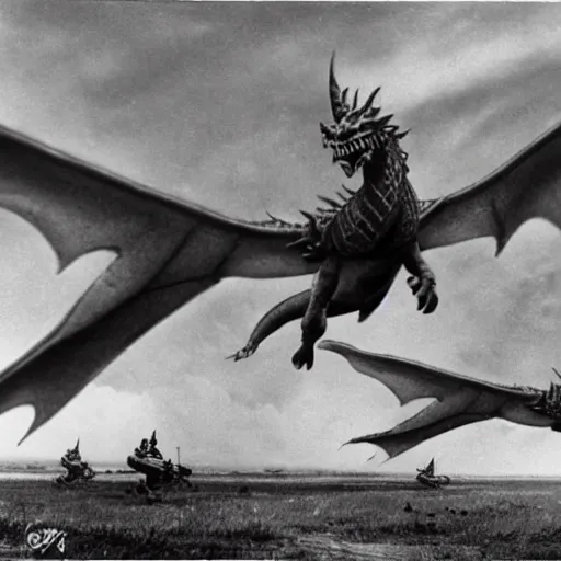 Image similar to lack and white photo Dragons in Battle of Kursk WWII, dragons flying in the sky