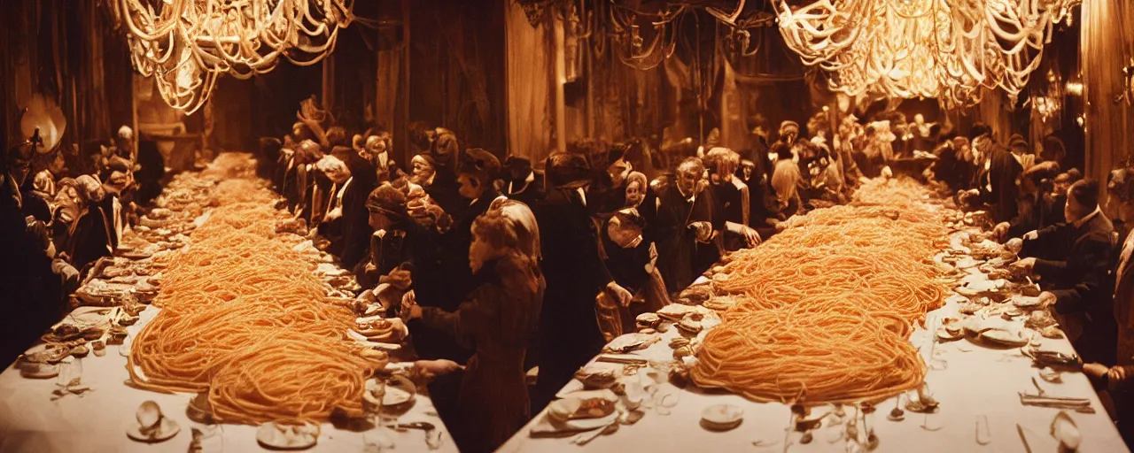 Prompt: a long banquet table covered in spaghetti, victorian era, ravenous guests, canon 5 0 mm, cinematic lighting, photography, retro, film, kodachrome, closeup