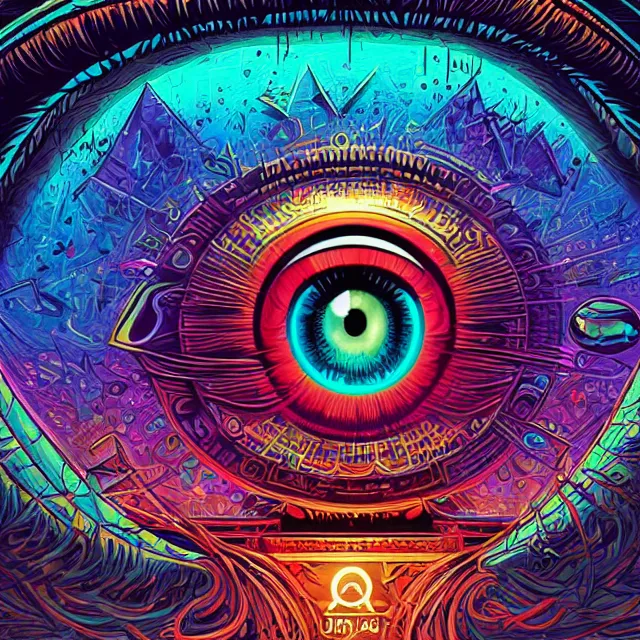 Image similar to hypnotizing and hallucinating eye, eye of horus, illuminati eye, colorful, sharp and focus, ultra detailed, beautifully lit, in the art style of dan mumford and marc simonetti