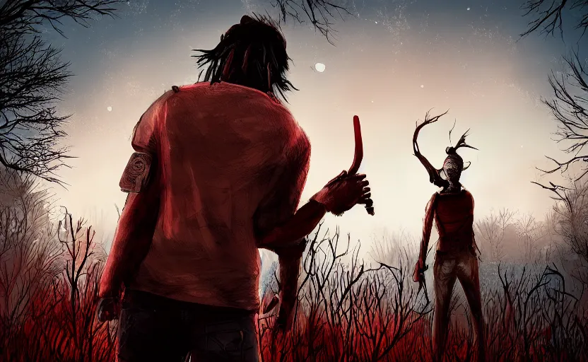 Image similar to view from behind a dead by daylight killer with long hair reaching up to a night sky, stars aligning, character portrait, digital art