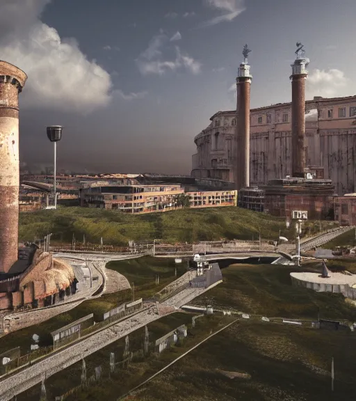 Image similar to former gasometer in rome, trending on artstation, behance, octane render, award winning, archviz, matte painting, epic